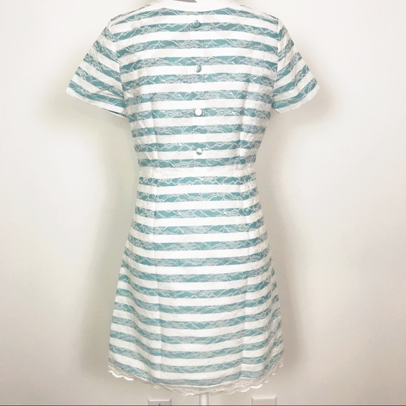 Esley Mint Green White Striped Lace Dress A Line French Buttons Scoop Neck - Picture 5 of 8